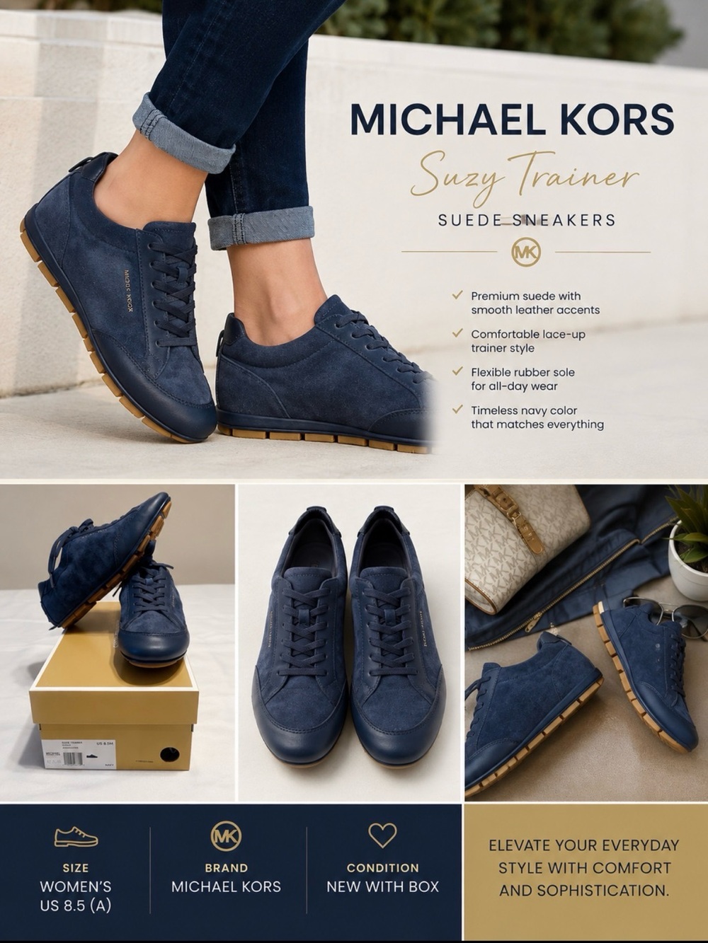 Michael Kors Navy Suede Trainer Sneakers with Gum Sole
